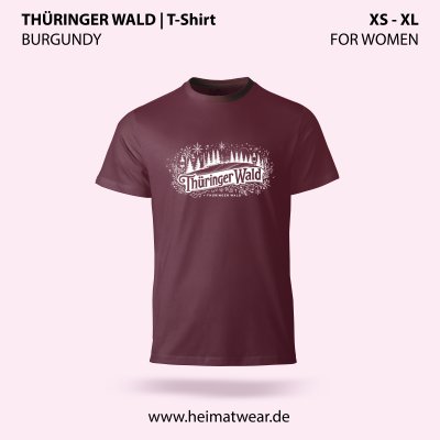 T-Shirt für Frauen in der Farbe Burgundy mit dem Motiv Thüringer Wald in der Größe XS bis XL von HeimatWear