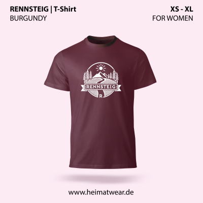 T-Shirt für Frauen in der Farbe Burgundy mit dem Motiv Rennsteig in der Größe XS bis XL von HeimatWear