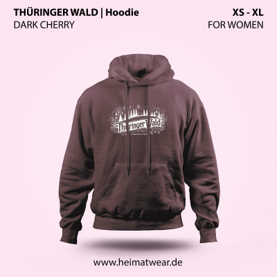 Hoodie für Frauen in der Farbe Dark Cherry mit dem Motiv Thüringer Wald in der Größe XS bis XL von HeimatWear