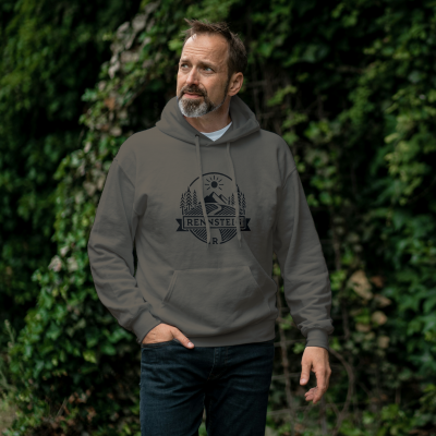 Mann der ein Hoodie in Khaki für Herren in der Größe S bis XXL trägt