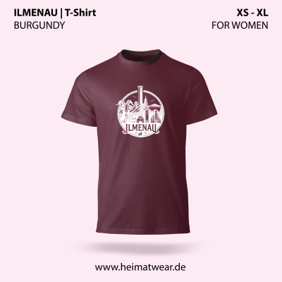 T-Shirt für Frauen in der Farbe Burgundy mit dem Motiv Ilmenau in der Größe XS bis XL von HeimatWear