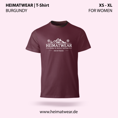 T-Shirt für Frauen in der Farbe Burgundy mit dem Motiv HeimatWear in der Größe XS bis XL